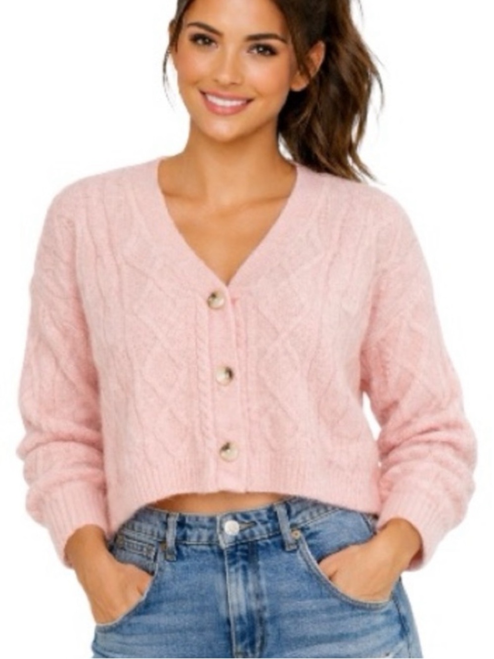 Topshop dusky rose pink Cable-Knit Cropped Cardigan XS